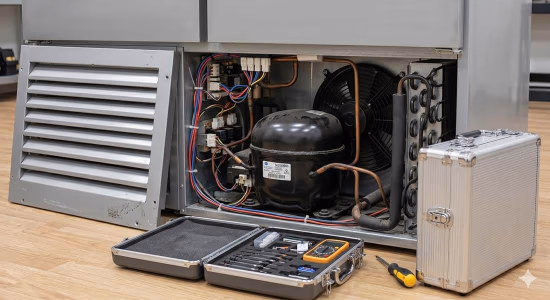 Open HVAC unit showing internal compressor and wiring with a toolkit and screwdriver on the floor nearby.